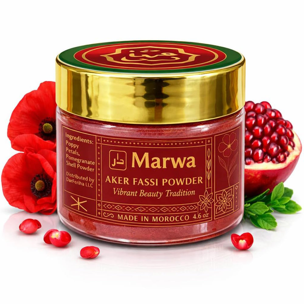 Dar Marwa Aker Fassi powder packaging for authentic Moroccan hammam rituals.