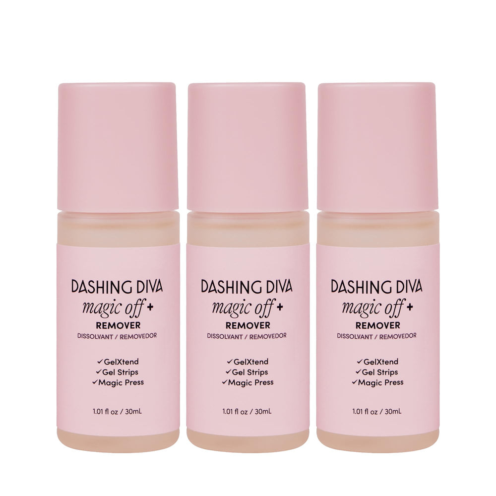 Dashing Diva Magic Off+ remover bottle showing gentle, conditioning nail removal.