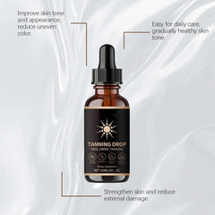 Close-up of DASIUIP tanning drops label for product clarity and transparency.