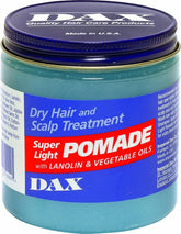 DAX Super Light Pomade bottle close-up shows a glossy finish for a slick look.