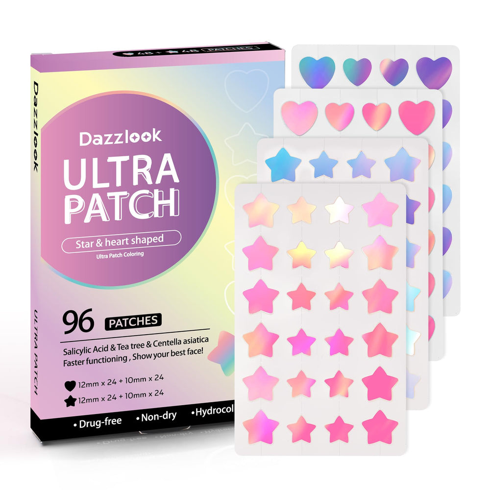 Dazzlook star and heart patches with iridescent finish for stylish blemish care.