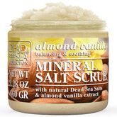 Dead Sea Collection Almond Vanilla Salt Scrub jar shows minerals for soft, hydrated skin.