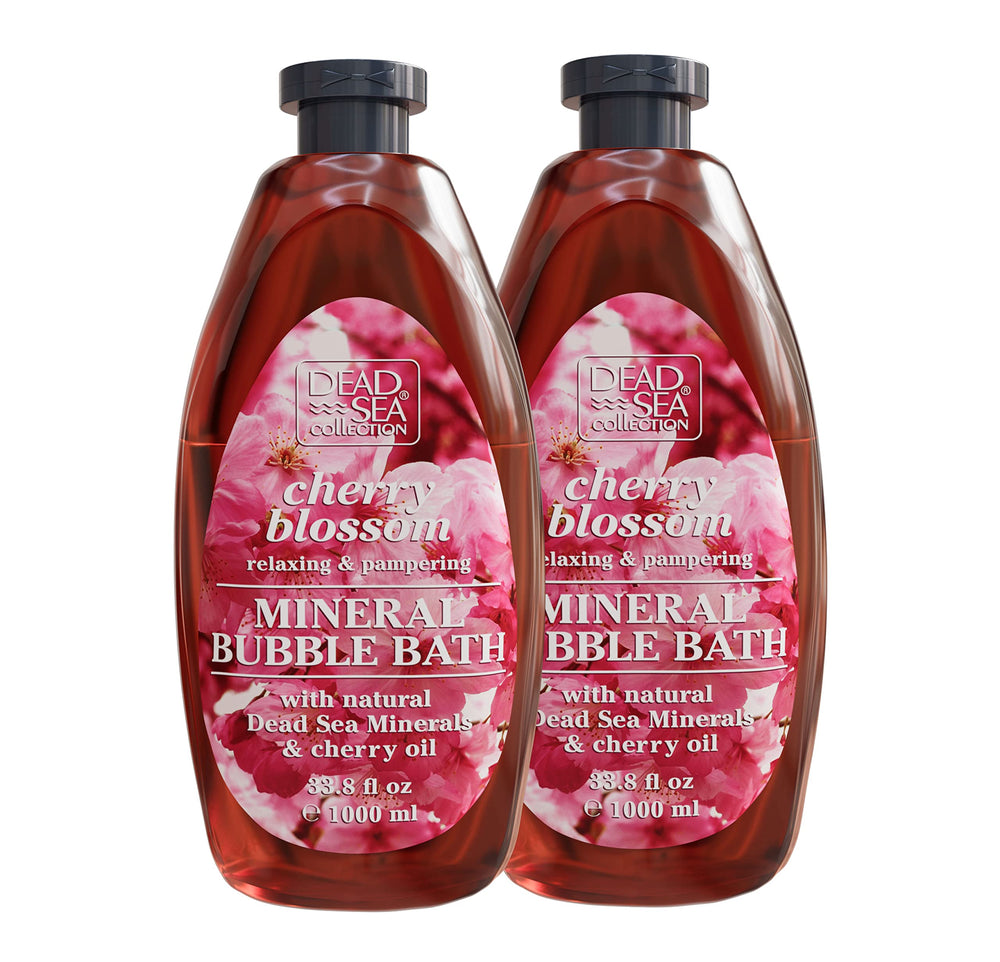 Dead Sea Collection Bubble Bath Cherry Seeds Oil bottle close-up showing rich foam for pampering.