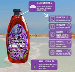 Dead Sea Collection Lavender Bubble Bath bottle-cap close-up highlights premium lavender scent.