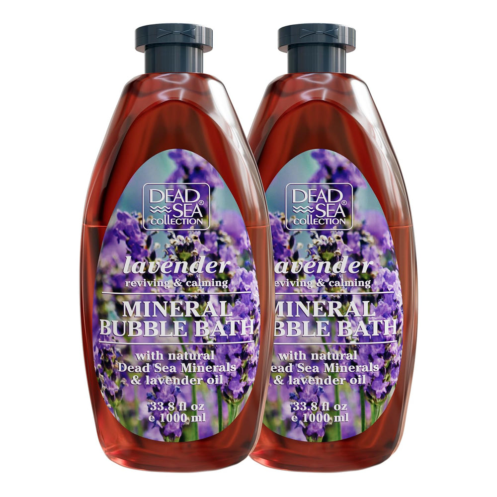 Dead Sea Collection Lavender Bubble Bath bottle shows minerals for moisturized skin.