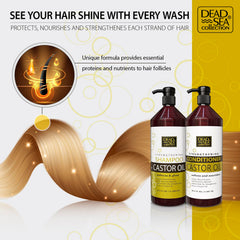 Dead Sea Collection castor oil bottle nourishes and moisturizes hair.