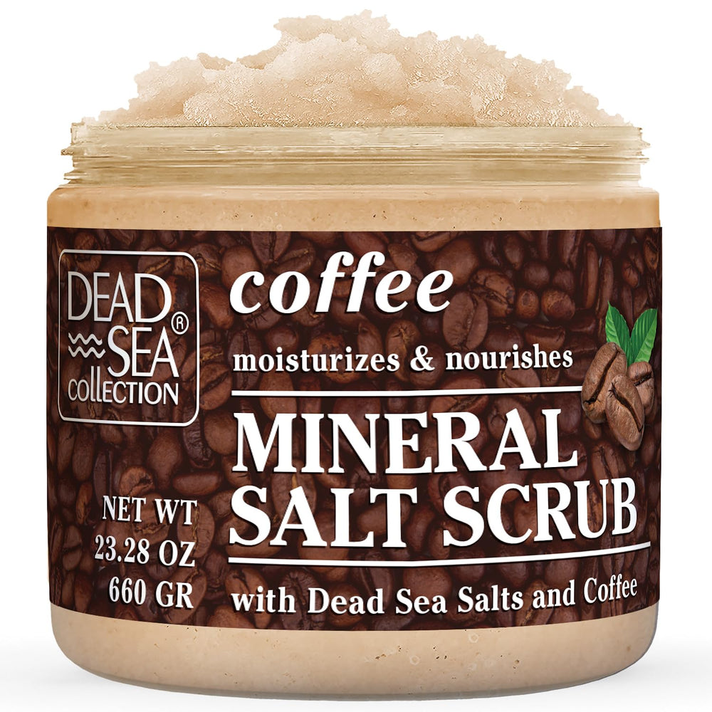 Dead Sea Collection coffee-scented scrub large jar showing premium exfoliation and hydration.