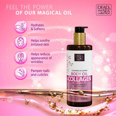 Dead Sea Collection collagen body oil texture close-up shows lightweight absorption.