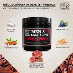 Dead Sea Collection men's body scrub on forearm, demonstrating hydrating minerals supporting skin health.