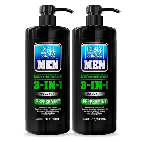 Dead Sea Collection 3-in-1 bottle front with mint scent for cleansing face and body.
