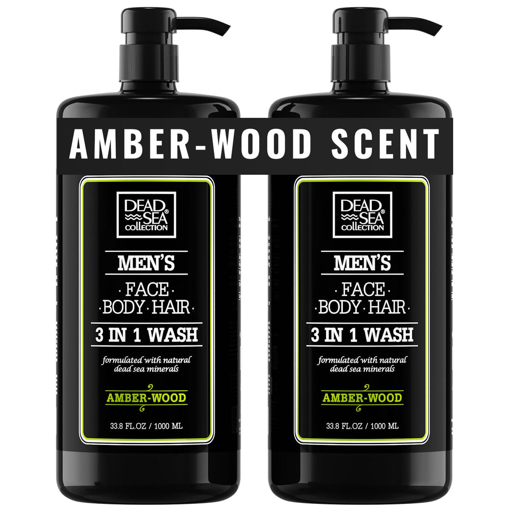 Dead Sea Collection Amber Wood body wash bottle with pump for easy one-handed use.
