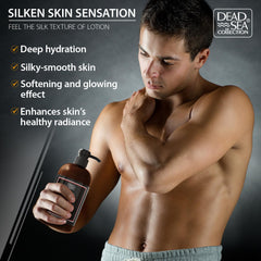 Dead Sea Collection mens sandalwood lotion pump highlights easy, mess-free application.