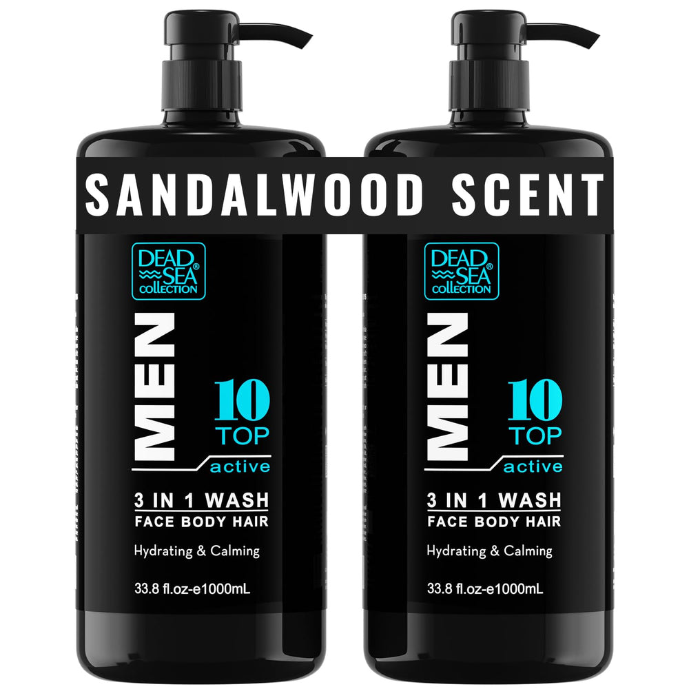 Dead Sea Collection 3-in-1 sandalwood body wash bottle front view for daily skin and hair care