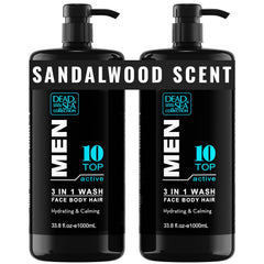 Dead Sea Collection 3-in-1 sandalwood body wash bottle front view for daily skin and hair care