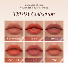 Dear Dahlia Paradise Dream Velvet Lip Mousse Ballet texture close-up highlights air-light whipped feel.