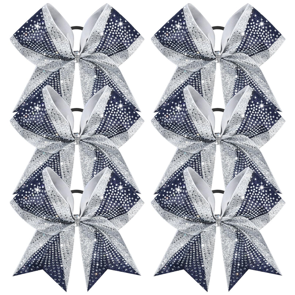DEEKA cheer bow navy and silver glitter 8in front, ideal for standout routines.