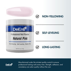 DeEnti acrylic nail powder natural pink jar label, salon-grade quality.