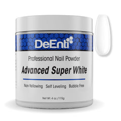 DeEnti Super White acrylic powder bottle close-up showing bubble-free salon finish.