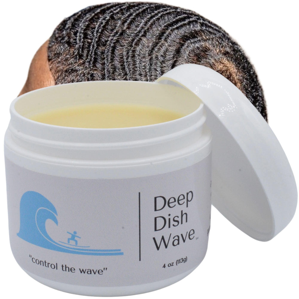 Deep Dish Wave Pomade jar close-up showing natural texture for defined 360 waves.