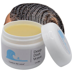 Deep Dish Wave pomade jar close-up showing natural texture for defined 360 waves