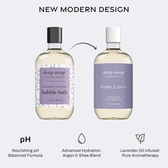 Deep Steep Bubble Bath Lavender Chamomile pour-ready bottle for easy use.