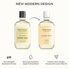 Deep Steep Bubble Bath Lemon Cream foam creates rich bubbles for a spa-like experience.