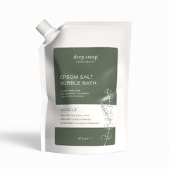 Deep Steep Epsom Salt Bubble Bath 32oz jar with soothing bubbles for muscle comfort.