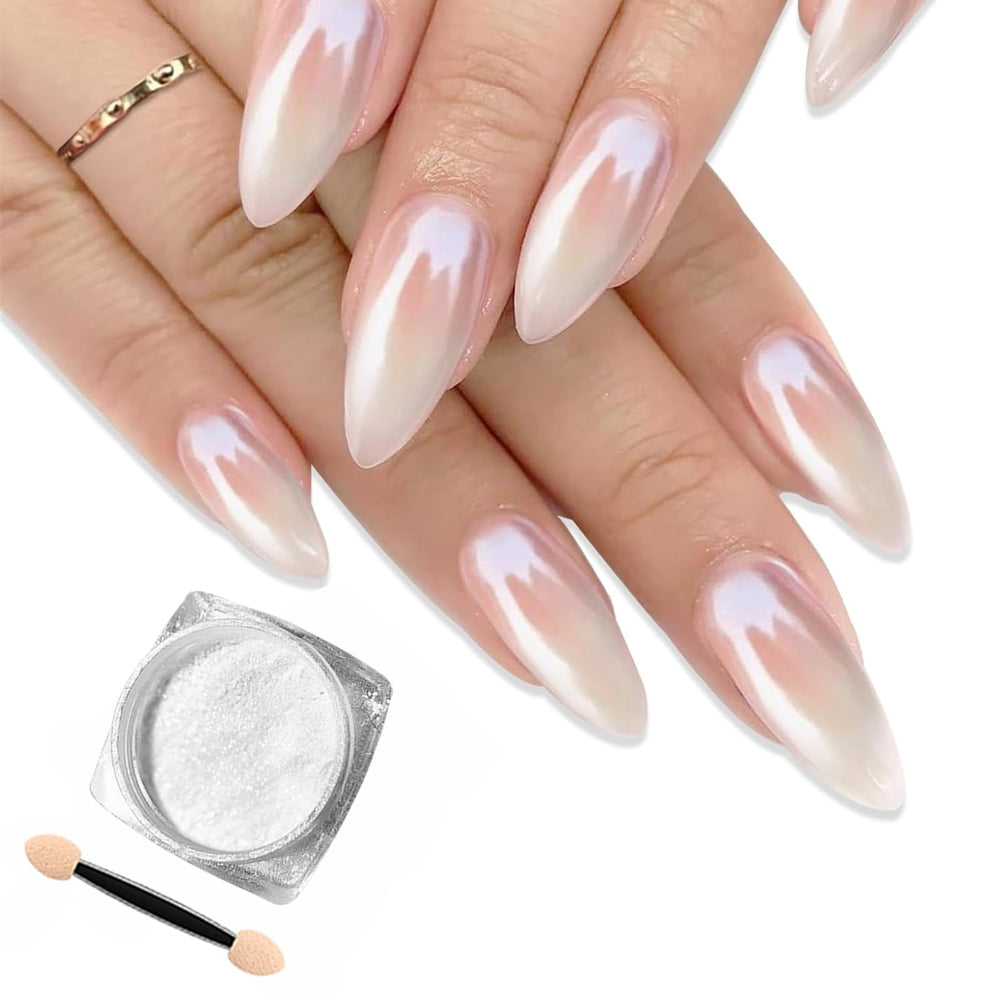 Deepmind White Pearl Chrome Nail Powder bottle closeup showing reflective shimmer