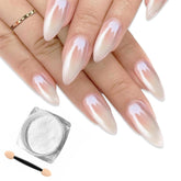 Deepmind White Pearl Chrome Nail Powder bottle closeup showing reflective shimmer