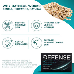 Defense Soap oatmeal bar soap bar with visible oats indicating exfoliating action.