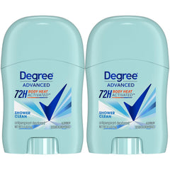 Degree Advanced Shower Clean 2-Pack box shown for travel and storage.