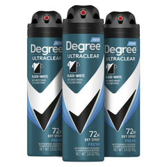 Degree Men Ultraclear Black + White Fresh dry spray bottle with instant dryness and stain protection.