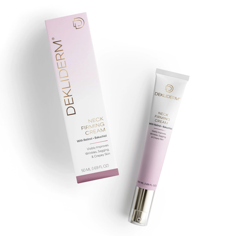Dekliderm Neck Firming Cream bottle suggesting firmer, smoother neck.