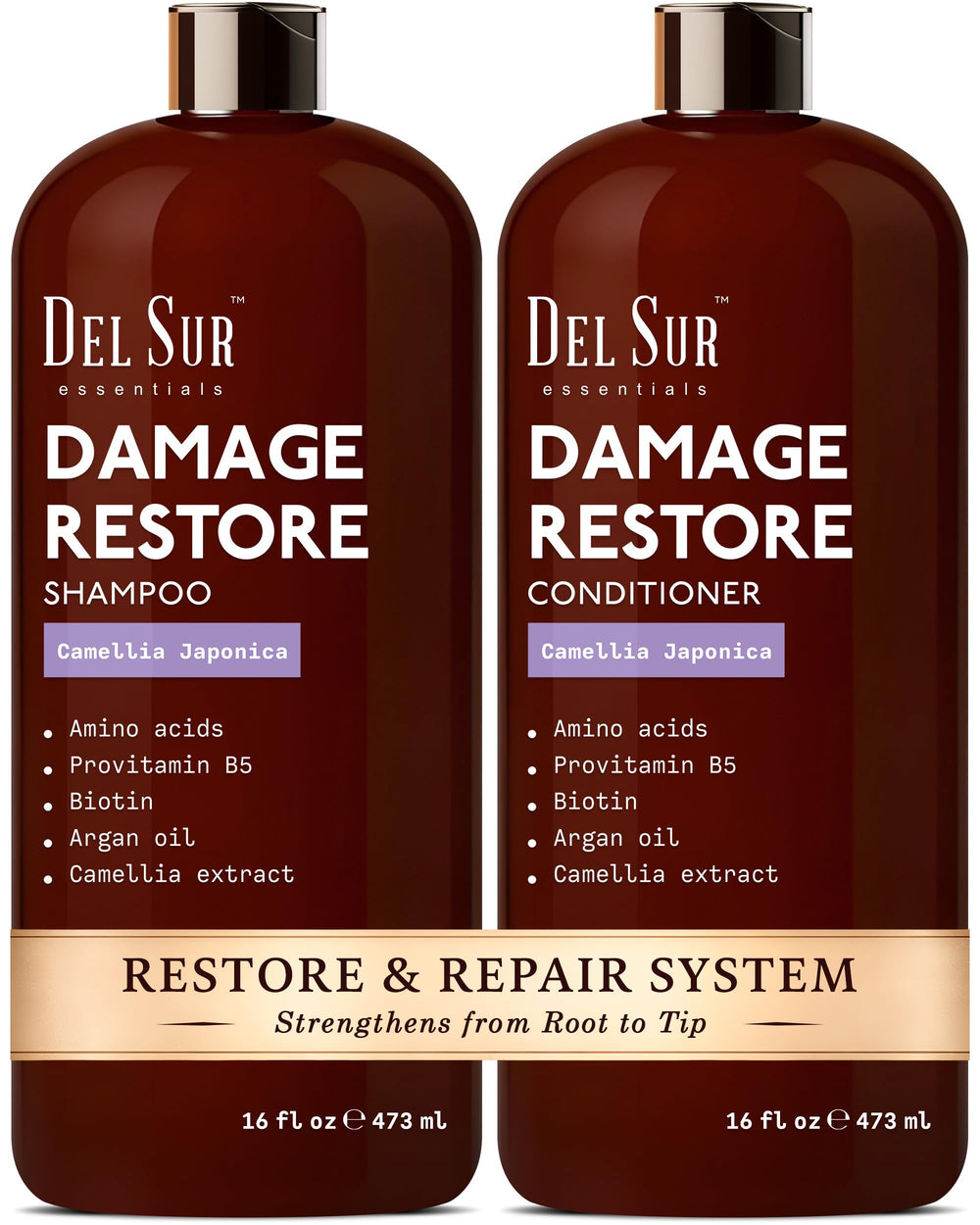 DEL SUR Hair Repair Shampoo bottle showcasing Camellia Japonica and Biotin for smoother strands
