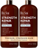 DEL SUR shampoo bottle close-up highlighting Camellia Japonica for smoother hair