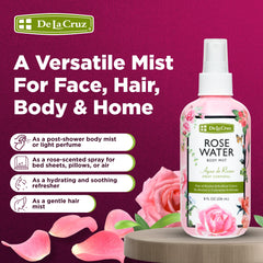 De La Cruz Rose Water Face Mist for refreshed skin and natural aroma.