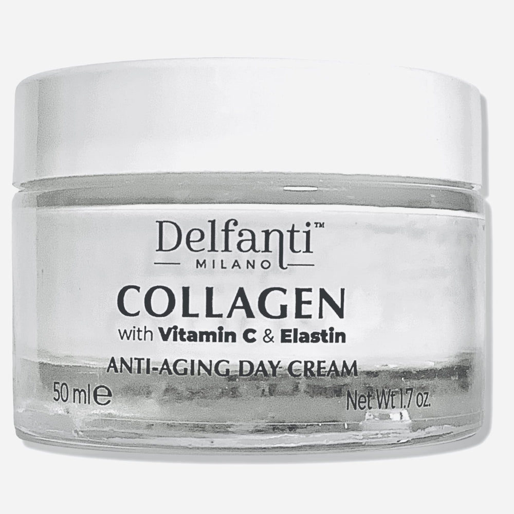 Delfanti-Milano collagen bottle highlights vitamin C elastin blend for hydrated, radiant-looking skin.
