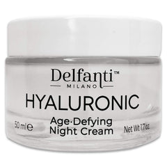 Delfanti Milano hyaluronic night cream jar signaling deep overnight hydration and glow.