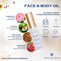 Delfina Skin Dry Oil application on hand shows soothing use.