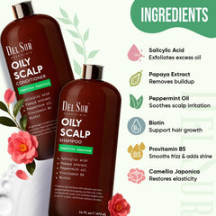 DEL SUR Clarifying Shampoo label focuses on ingredients for oil balance.