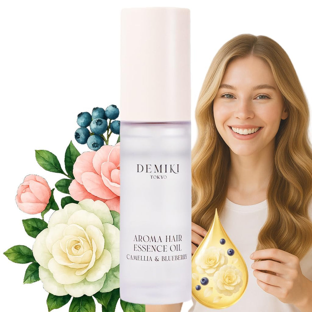 DEMIKI Hair Oil bottle close-up showing frizz-control potential.