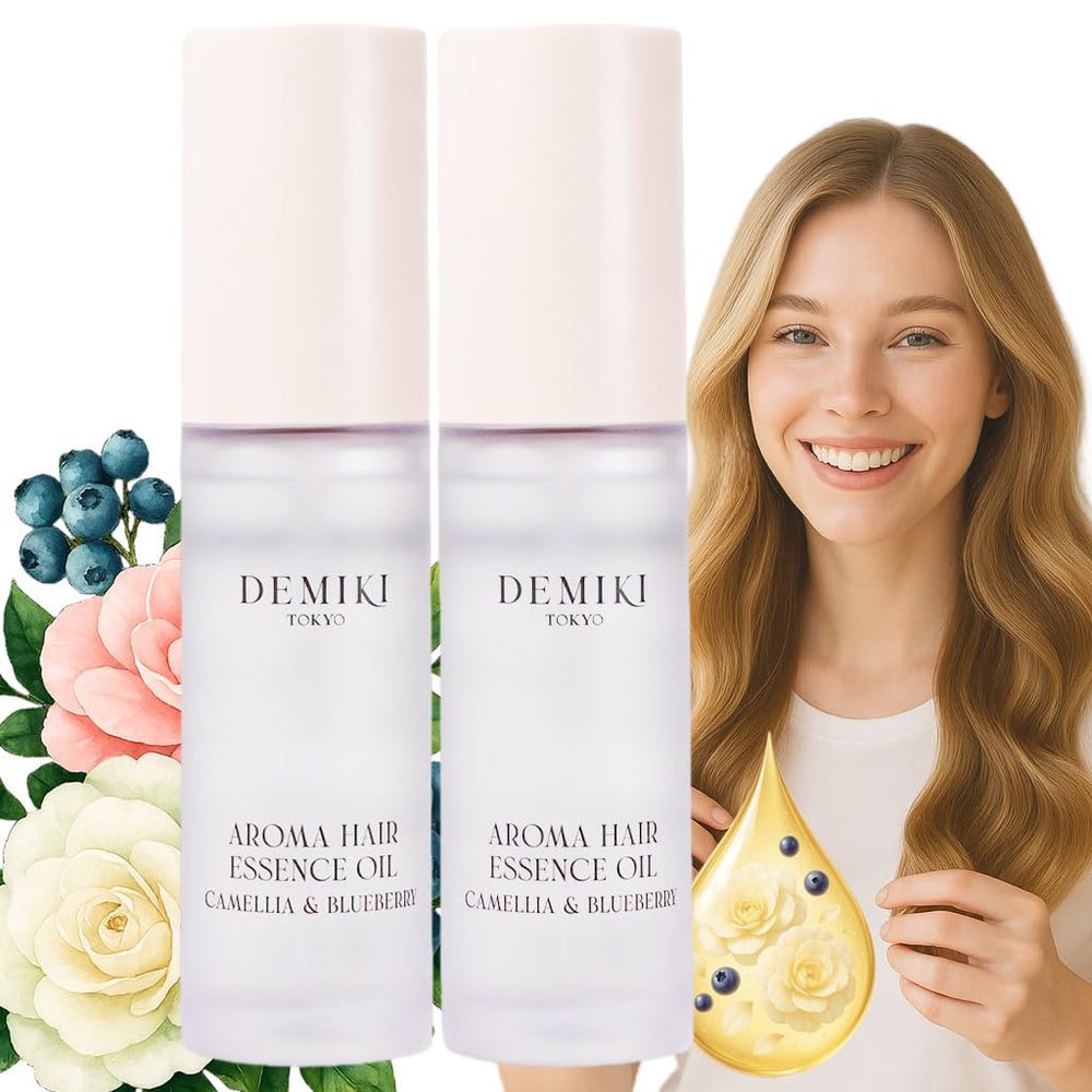 DEMIKI Japanese Hair Oil bottle for frizz control and shine with camellia and blueberry scent.