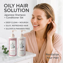 DEMIKI Japanese set label highlights clarifying benefits for oily scalps and color-treated hair.