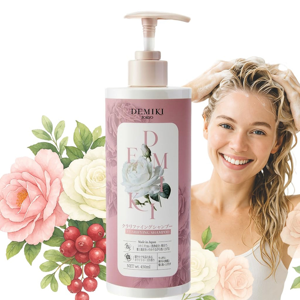 DEMIKI rose-fragrance shampoo bottle highlighting a layered scent for a daily ritual.