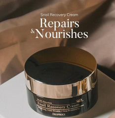 Deoproce Snail Recovery Cream packaging front indicating Korea-made formula and care
