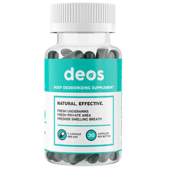 DEOS internal deodorant supplement bottle for daily odor control.