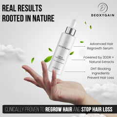 Deoxygain Hair Serum bottle label closeup showing USA-made quality and key ingredients