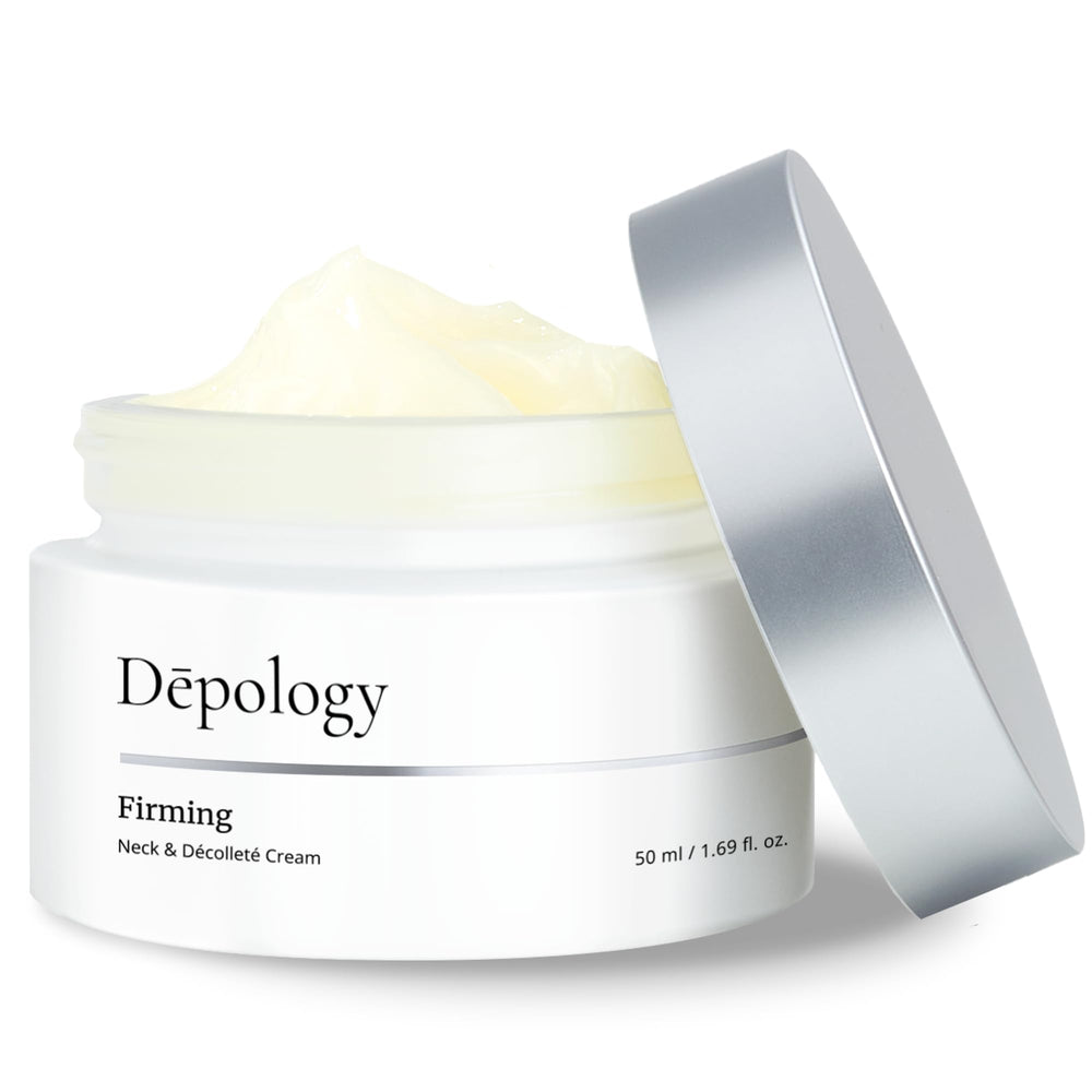 Depology Firming Neck & Décolleté Cream packshot highlighting a luxurious texture for potential tightening.