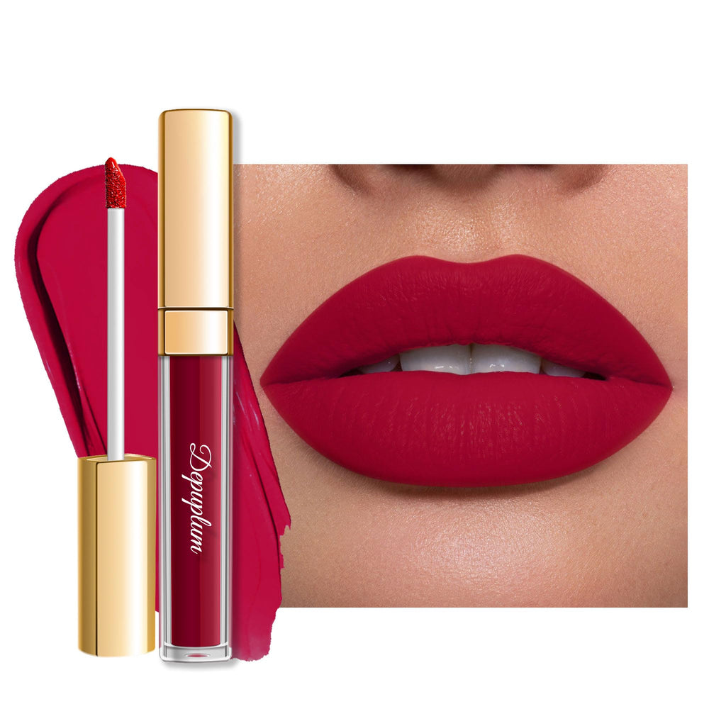 Depuplum dark red lipstick bottle close up showing rich matte finish