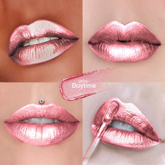 Depuplum metallic lip color application closeup demonstrates quick film formation for lasting shine